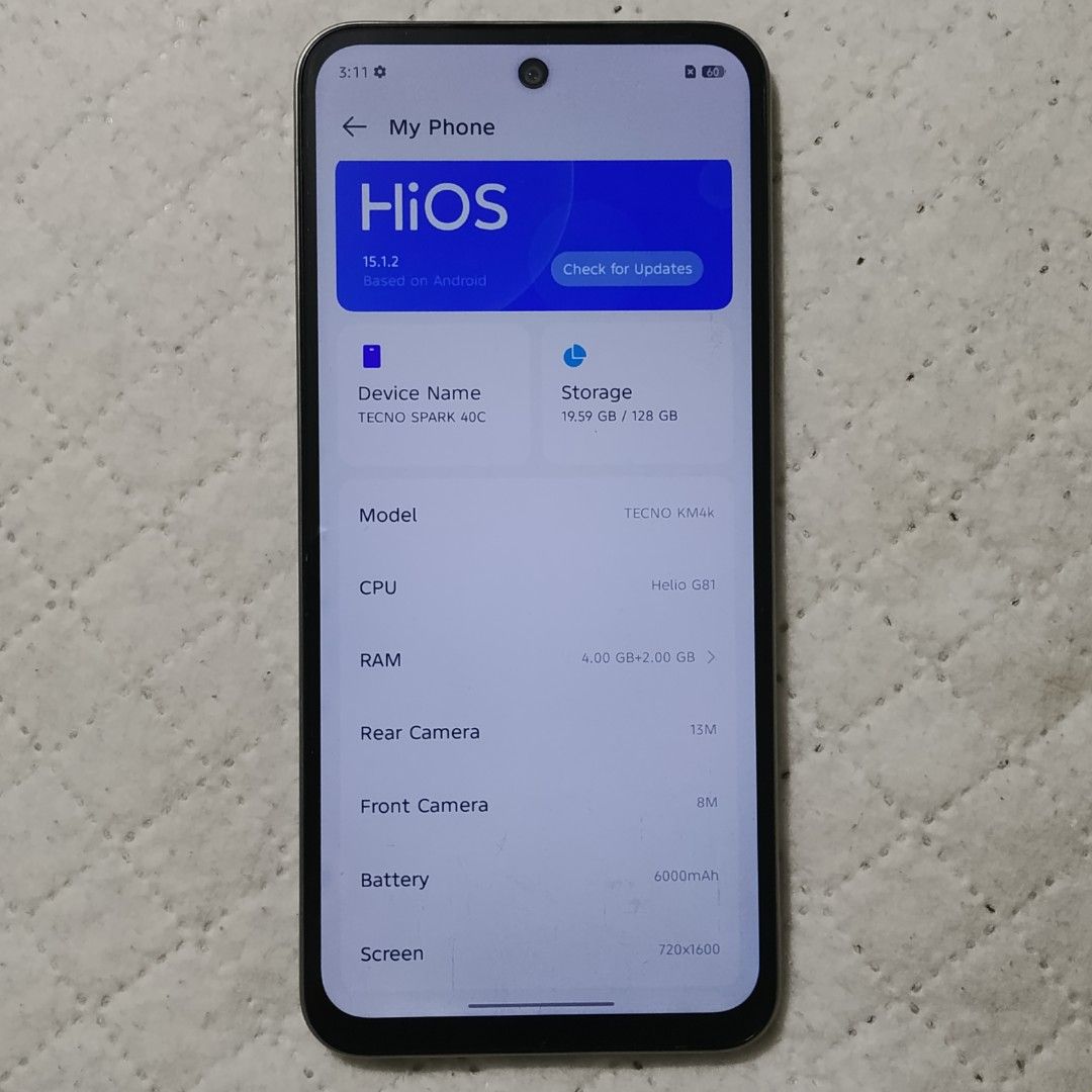 Tecno Spark 40C (Category: Android Others) located in Manila. Submitted by nostalgia_ (Listing ID 1471359075, Image 2). Description: RUSH SELLING‼️ *Lady owned *Issues: signs of use only *128/4 GB storage *Unit only *No history of repair or replacement of lcd *Fingerprint and facelock are working *Audio is loud & clear *Camera is working *With screen protector already.