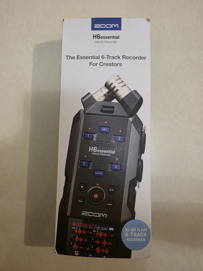 Zoom H6essential Handy Recorder (Category: Voice Recorders) located in Antipolo. Submitted by raaachelnanaomi (Listing ID 1471324441, Image 3). Description: - Item: Zoom H6essential 6-Track Recorder - Condition: Like new (used only twice to test) - Audio: 32-bit float audio capture for distortion-free recording - Inclusions: Original box and built-in X/Y mics; invoice (JB Music warranty still valid until Jan. 3, 2027) - Ideal for: Podcasters, mus