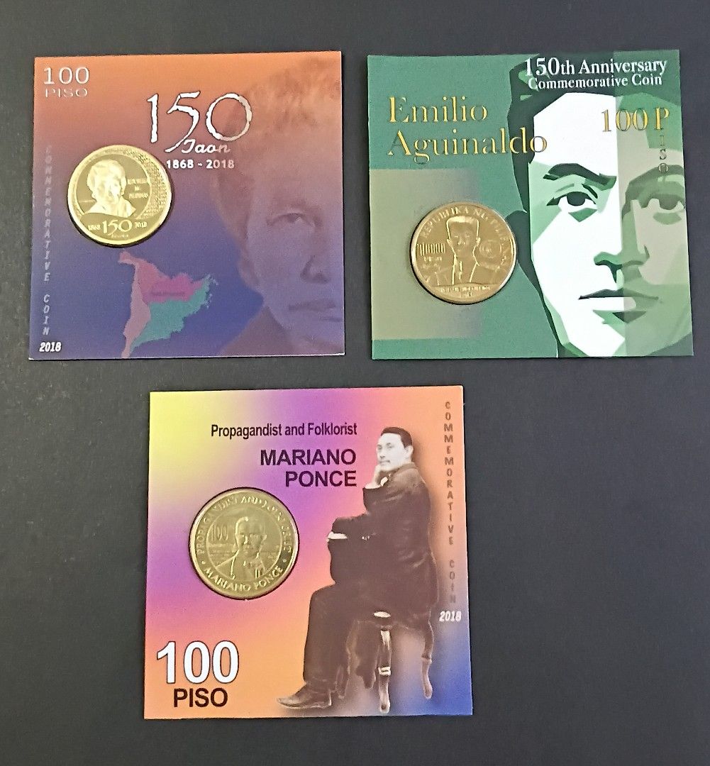 100 Piso Commemorative Coins (Reduced price) (Category: Currency) located in Quezon City. Submitted by cyberseller.sheila (Listing ID 1465782394, Image 1). Description: P100 Emilio Aguinaldo @800 P100 Teresa Magbanua @800 P100 Mariano Ponce @800 Entire set for P2200.