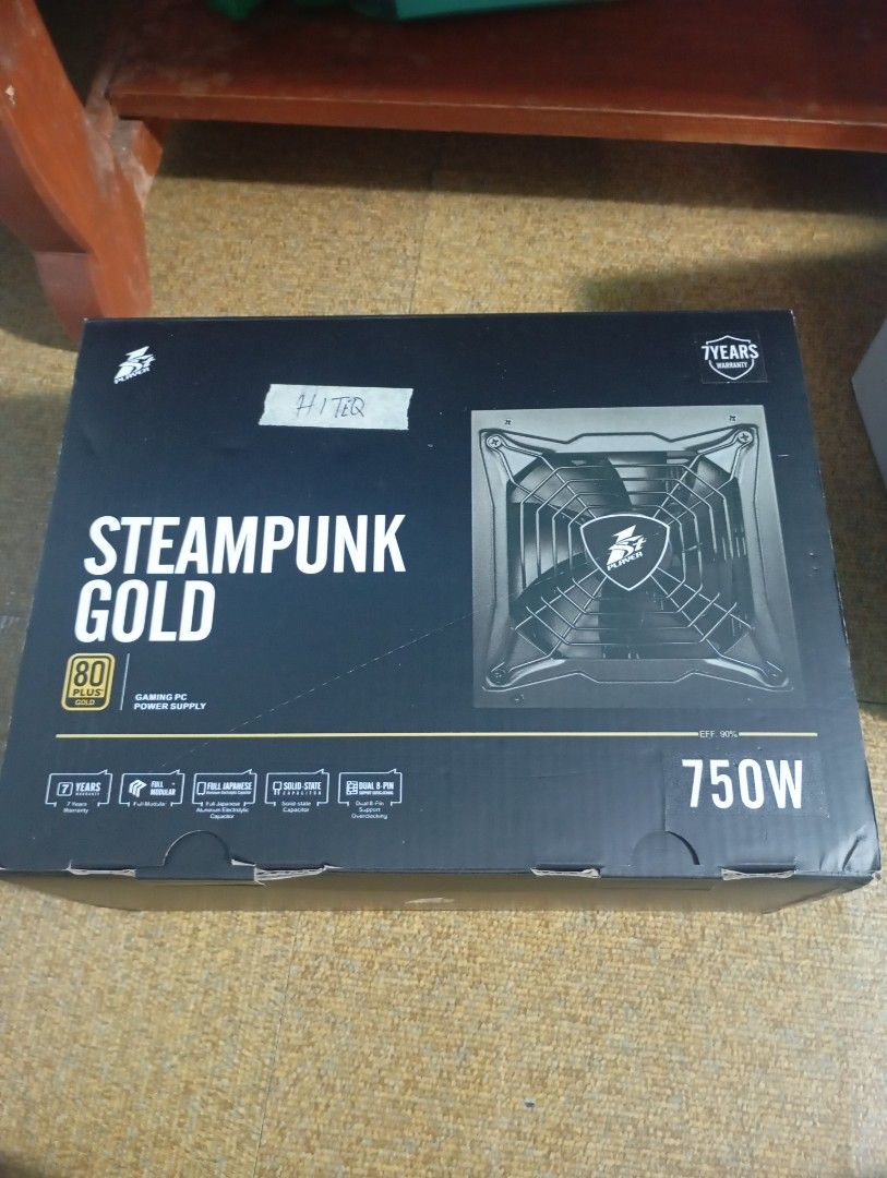 1st Player Steampunk Gold 750W PSU (Category: Computer Parts) located in Manila. Submitted by mysticforest_80fe90 (Listing ID 1465774725, Image 1). Description: - Item: 750W Steampunk Gold Edition Gaming PSU - Inclusions: All cables and accessories included in separate compartments.