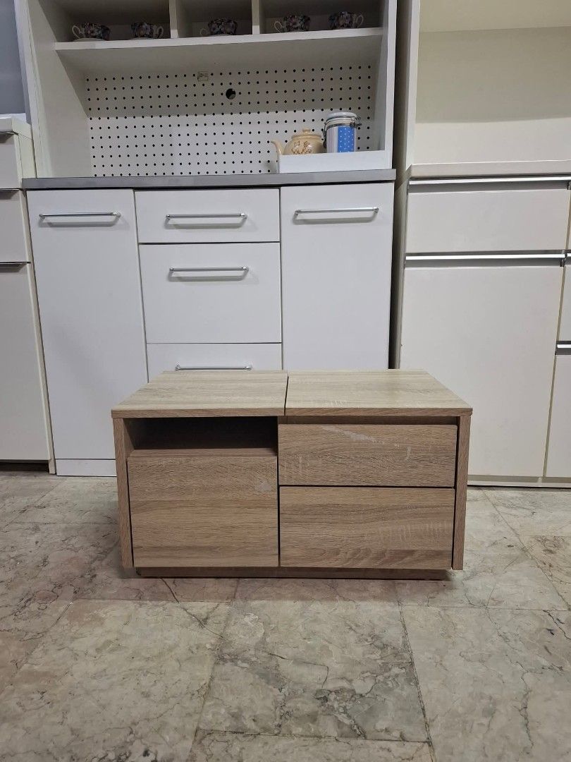 2 in 1 Side Cabinet Vanity Table with Foldable Mirror (Category: Tables & Sets) located in Quezon City. Submitted by dannikkishoppe2 (Listing ID 1465811706, Image 2). Description: 2 in 1 Side Cabinet Vanity Table with Foldable Mirror ‼️₱4000‼️ *compressed wood • Space-saving wooden tabletop vanity with natural wood grain finish • Built-in mirror with adjustable hinges (folds down or props up) • Features a side cabinet with a door for private stor