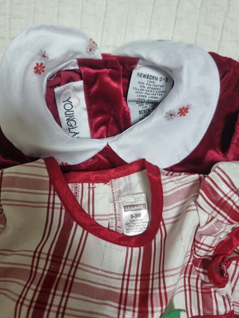 2 Pack Baby Girl Dresses (Category: Babies & Kids Fashion) located in Narvacan. Submitted by 2ndchancefinder (Listing ID 1465906534, Image 2). Description: - Bundle of 2 festive holiday dresses for baby girls (Size: 0-3 months) - Dress 1: Youngla red velvet dress featuring a white collar and fluffy mesh skirt - Dress 2: George red & white plaid dress with an adorable fabric flower at the waist - Made with soft, baby-friendly fabrics that are easy