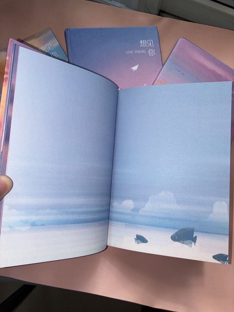 4 pcs Hardcover Notebook Diary (Category: Storybooks) located in Manila. Submitted by jhie24 (Listing ID 1465820553, Image 3). Description: Brand new with minor dents! Negotiable! - Set of 4 aesthetic hardcover notebooks with sky and sunset cover art - Features English ('Love Poems', 'I Wanna See You') and Chinese titles on the front - Blank pages inside with cute small illustrations at the bottom corners - Includes a built-in ribbon bookmark at 