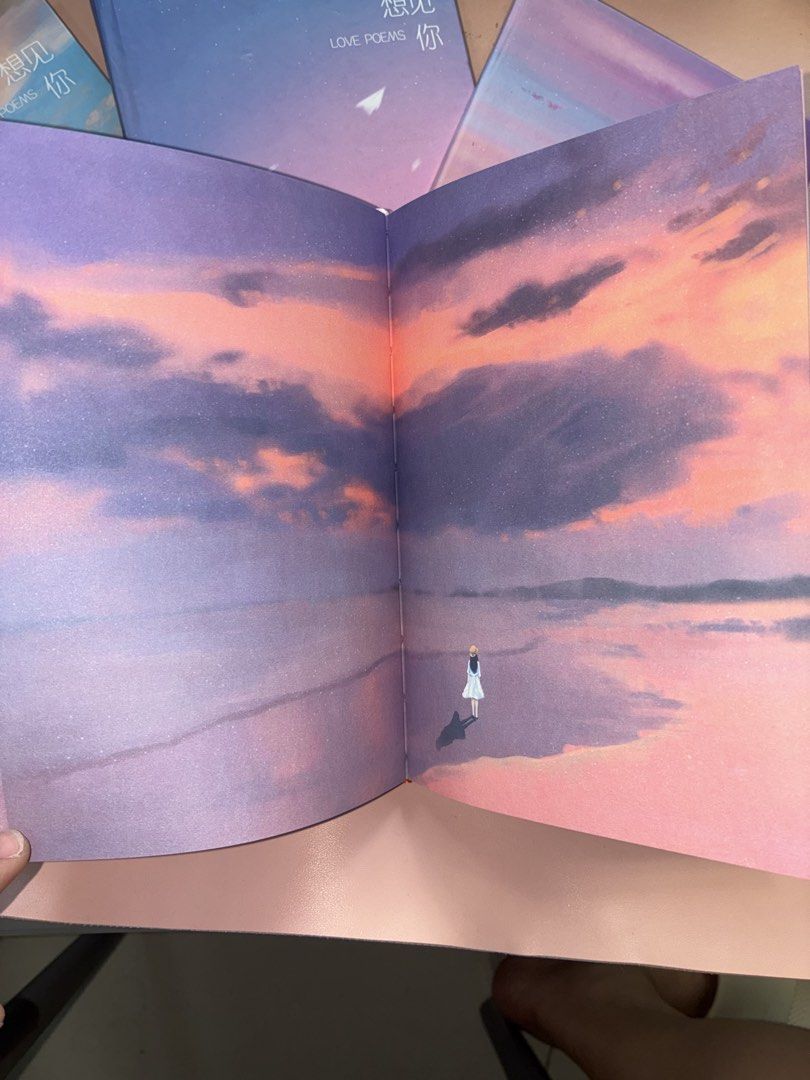 4 pcs Hardcover Notebook Diary (Category: Storybooks) located in Manila. Submitted by jhie24 (Listing ID 1465820553, Image 2). Description: Brand new with minor dents! Negotiable! - Set of 4 aesthetic hardcover notebooks with sky and sunset cover art - Features English ('Love Poems', 'I Wanna See You') and Chinese titles on the front - Blank pages inside with cute small illustrations at the bottom corners - Includes a built-in ribbon bookmark at 