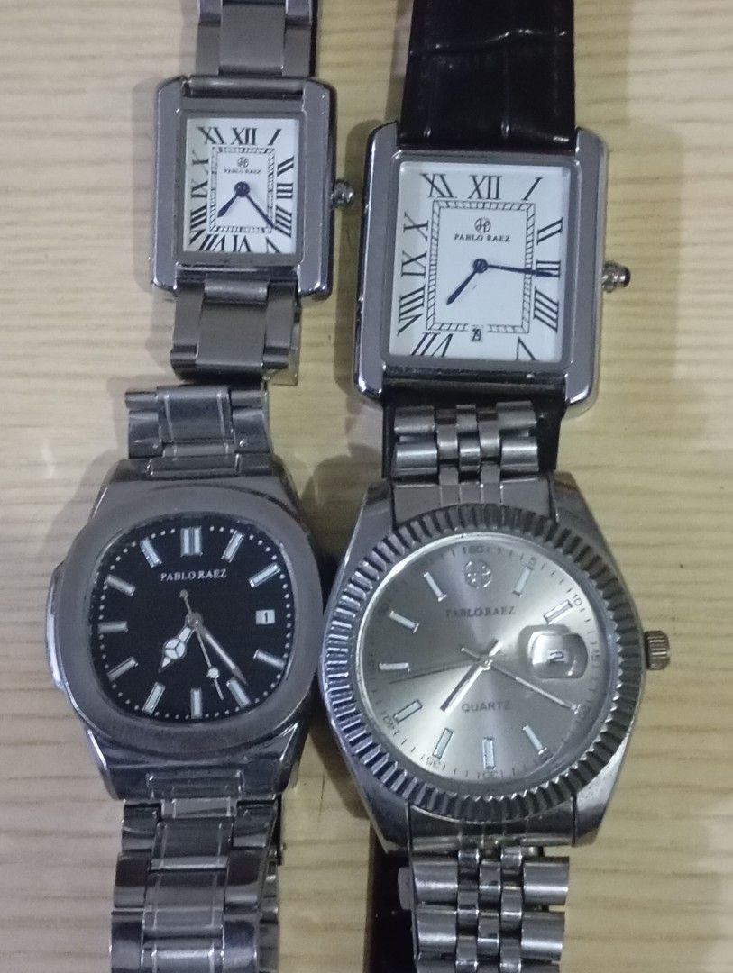 4pcs Pablo raez watch pack (Category: Men's Watches) located in Las Pinas. Submitted by quick_deals_great_finds2 (Listing ID 1465878674, Image 1). Description: Good working condition with battery.