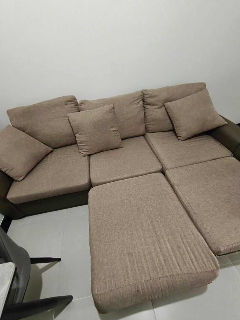 4-Piece L-Shape Sofa Set with Ottoman (Category: Sofas) located in Mandaluyong City. Submitted by rustymonzon (Listing ID 1465762521, Image 3). Description: Sofa Set Size: 5 ft (1pc) or 7.5 ft (2 pcs combined) width x 58” depth (L) Feature: L Shape / 4 pcs (1 two sitter, 1 corner sit, 1 sitter, 1 ottoman) Original Price: 22k bought at CW Home Depot Selling: 5k RFS: Moving out .