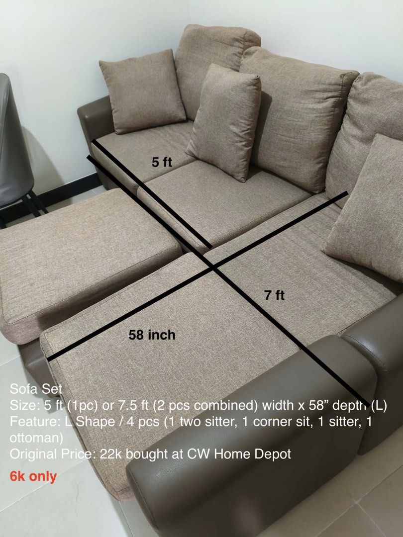 4-Piece L-Shape Sofa Set with Ottoman (Category: Sofas) located in Mandaluyong City. Submitted by rustymonzon (Listing ID 1465762521, Image 1). Description: Sofa Set Size: 5 ft (1pc) or 7.5 ft (2 pcs combined) width x 58” depth (L) Feature: L Shape / 4 pcs (1 two sitter, 1 corner sit, 1 sitter, 1 ottoman) Original Price: 22k bought at CW Home Depot Selling: 5k RFS: Moving out .