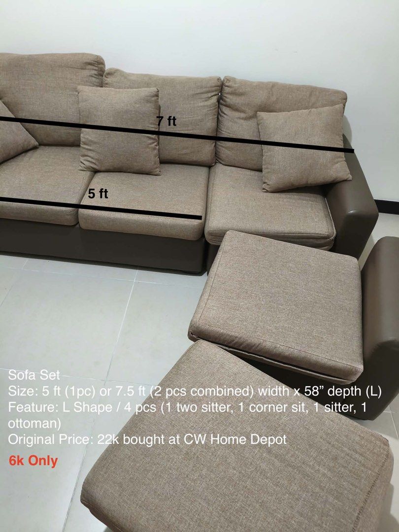 4-Piece L-Shape Sofa Set with Ottoman (Category: Sofas) located in Mandaluyong City. Submitted by rustymonzon (Listing ID 1465762521, Image 2). Description: Sofa Set Size: 5 ft (1pc) or 7.5 ft (2 pcs combined) width x 58” depth (L) Feature: L Shape / 4 pcs (1 two sitter, 1 corner sit, 1 sitter, 1 ottoman) Original Price: 22k bought at CW Home Depot Selling: 5k RFS: Moving out .