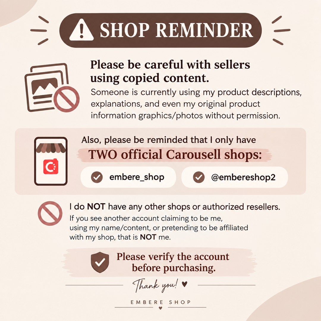 ⚠️ BEWARE: Someone Is Using Our Original Product Information & Descriptions (Category: Announcements) located in Quezon City. Submitted by embere_shop (Listing ID 1465806644, Image 1). Description: ⚠️ OFFICIAL SHOP REMINDER ⚠️ I’m posting this as a reminder to all our customers and Carousell buyers. I recently came across a seller here on Carousell who is using my original product descriptions, product explanations, and product information graphi