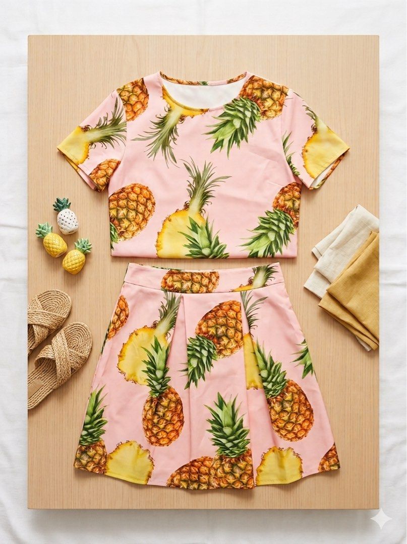 🍍 Trendy Tropical Pineapple Top & Skirt Coordinates Set (Category: Sets or Coordinates) located in Quezon City. Submitted by luvkobagsnshoes (Listing ID 1465892262, Image 1). Description: Get ready for summer or your next beach getaway with this super cute, vibrant pineapple print matching set! Perfectly coordinated and ready to wear. ✨ Condition: Excellent used condition / Like new ✨ Pattern: Detailed tropical pineapple print ✨ Color: Pastel Pi