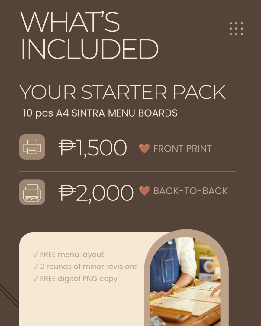 A4 Sintra Menu Starter Pack Printing and Layout (Category: Stationery & School Supplies) located in Cavite. Submitted by prelovedsunday2024 (Listing ID 1465941797, Image 3). Description: 🌱 **HIRAYA BINHI — STARTUP & SMALL BUSINESS ESSENTIALS** 🍽️ **STARTING A FOOD BUSINESS?** Your menu deserves more than just a printout. 🤎 Introducing our **A4 Sintra Menu Starter Pack** — made for cafés, restaurants, food stalls, milk tea shops, home-based foo