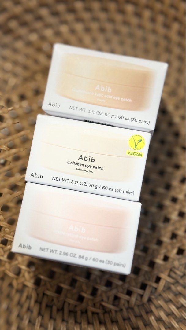 Abib Eye Patch Variety (Glutathione, Collagen, Retinal) (Category: Face Care) located in Makati City. Submitted by pgandaco (Listing ID 1465928677, Image 1). Description: - Brand new and 100% fresh K-beauty under-eye patches - Bundle includes 3 variants: Glutathione Kojic Acid, Collagen Jericho Rose Jelly, and PDRN Retinal - Quantity: 60 patches (30 pairs) per box - Sealed and unopened packaging - Perfect for your daily skincare routine.