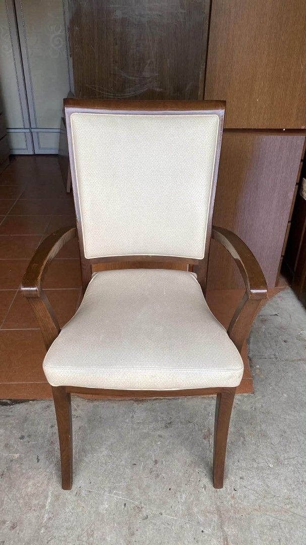Accent Armchair (Category: Chairs) located in Quezon City. Submitted by dannikkishoppe2 (Listing ID 1465871715, Image 2). Description: Accent Armchair ‼️₱3800‼️ L22 W18 H17;36 inches • Materials: Sturdy dark wood frame with cream/off-white fabric cushions • Features: Comfortable upholstered backrest and seat, stylish curved armrests • Condition: Good and sturdy, with normal wear on the wooden armrests from regular use • Perfect for: Living rooms,