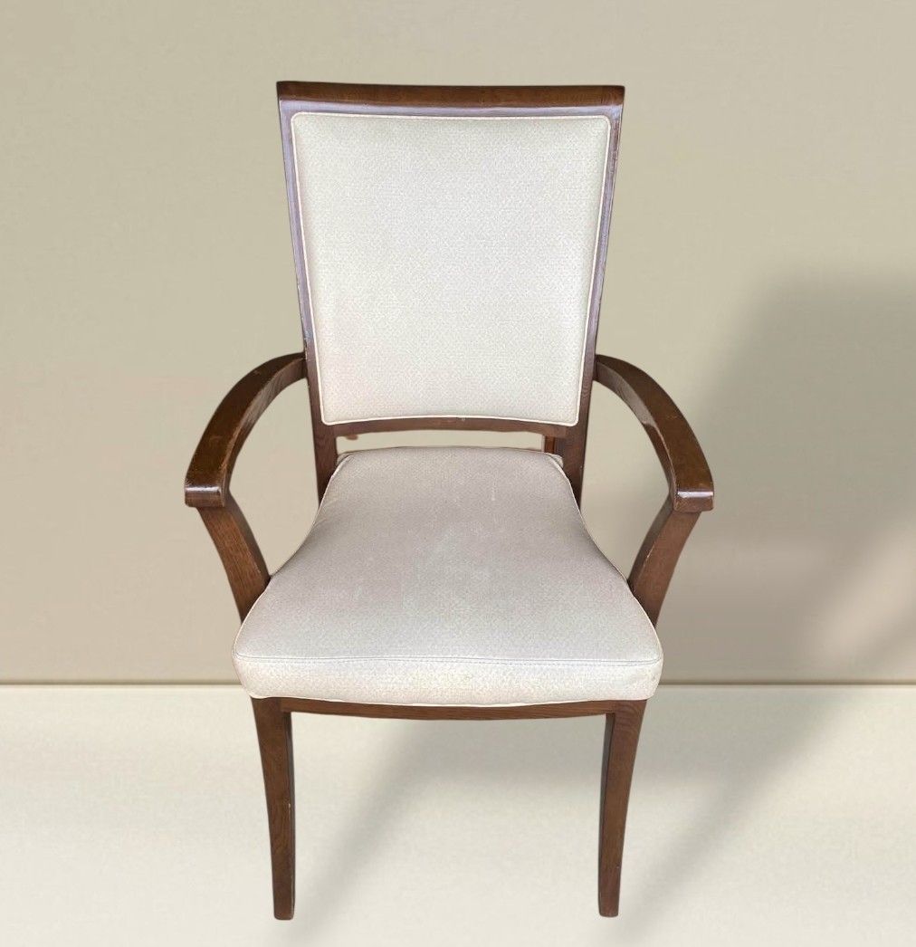 Accent Armchair (Category: Chairs) located in Quezon City. Submitted by dannikkishoppe2 (Listing ID 1465871715, Image 1). Description: Accent Armchair ‼️₱3800‼️ L22 W18 H17;36 inches • Materials: Sturdy dark wood frame with cream/off-white fabric cushions • Features: Comfortable upholstered backrest and seat, stylish curved armrests • Condition: Good and sturdy, with normal wear on the wooden armrests from regular use • Perfect for: Living rooms,