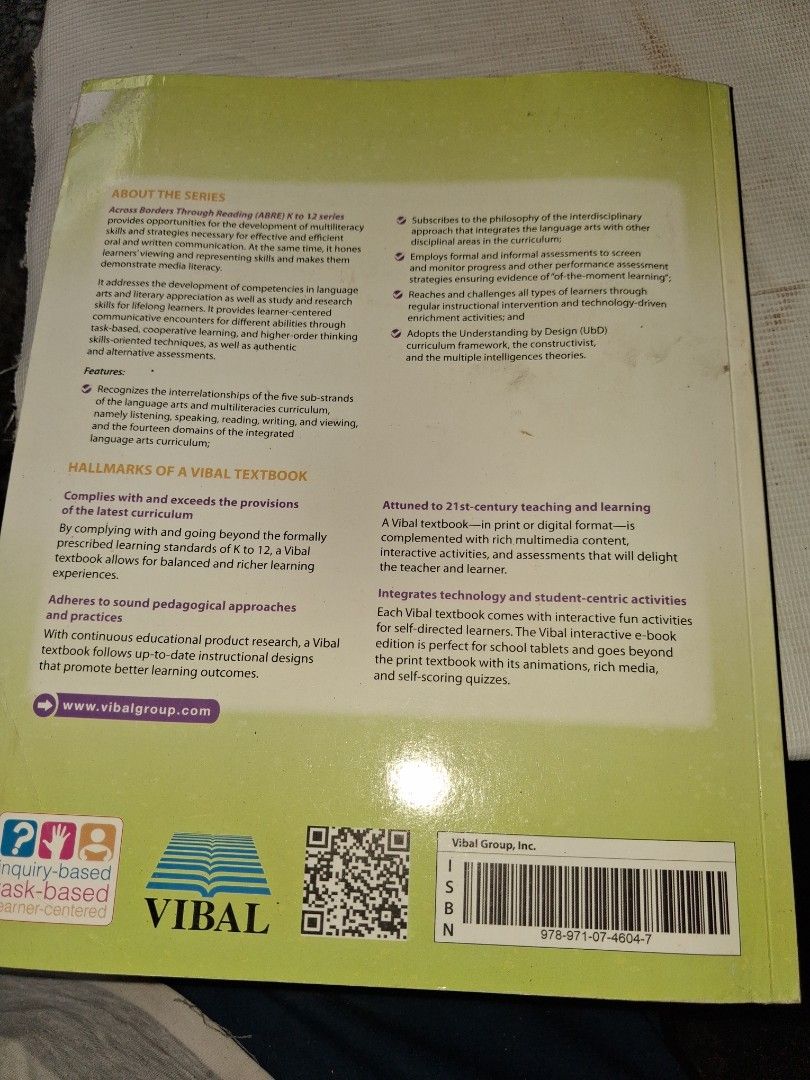 Across Borders Through Reading Grade 6 Textbook Vibal (Category: Textbooks) located in Manila. Submitted by marcas022798212 (Listing ID 1465854667, Image 3). Description: - Title: Across Borders Through Reading Grade 6 - Publisher: Vibal Group Inc. (Revised Edition) - Authors: Lourdes M. Ribo (Writer), Evelyn B. Angeles (Editor) - Curriculum: K to 12 Language Arts and Multi-literacies - Format: Soft cover, standard textbook size - ISBN: 978-971-0