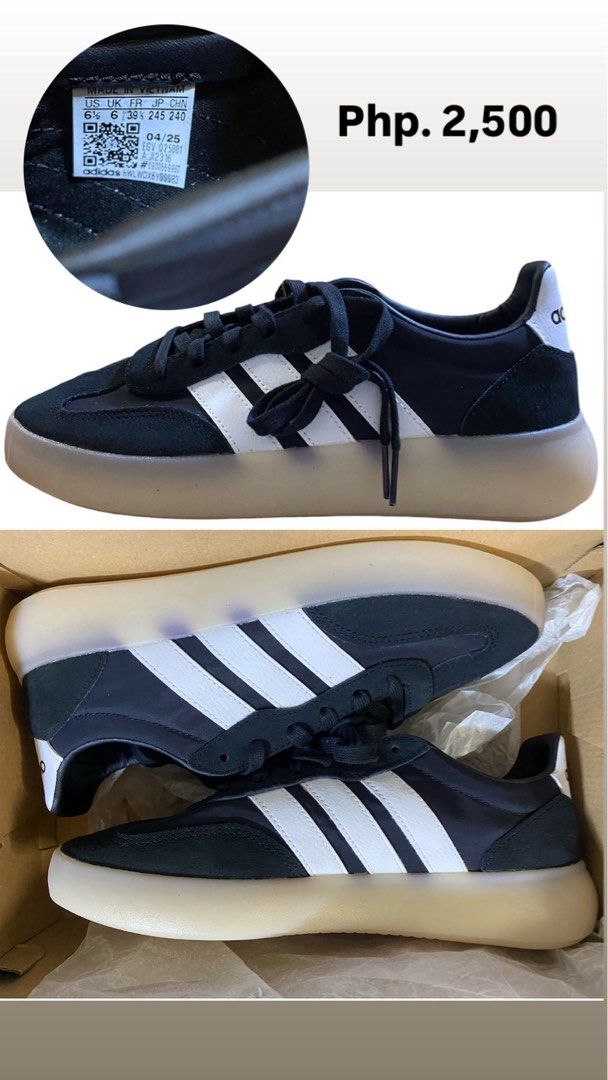 Adidas Black and White Sneakers (Category: Sneakers) located in Quezon City. Submitted by flrsgela (Listing ID 1465894625, Image 1). Description: - Brand: Adidas - Colorway: Black with white stripes and white heel tab - Material: Premium black fabric and suede upper - Sole: Trendy chunky translucent rubber sole - Condition: Clean and well-maintained - Inclusions: Complete with original shoebox and tissue paper - Sizing: Size tags visible on the i