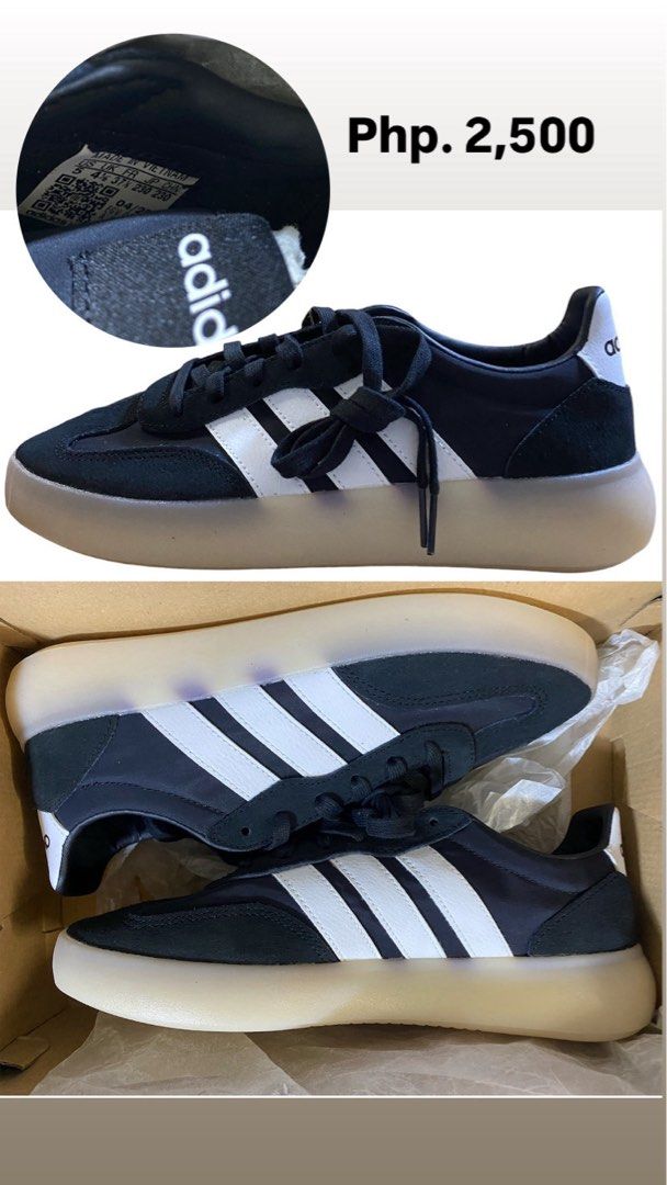 Adidas Black and White Sneakers (Category: Sneakers) located in Quezon City. Submitted by flrsgela (Listing ID 1465894625, Image 2). Description: - Brand: Adidas - Colorway: Black with white stripes and white heel tab - Material: Premium black fabric and suede upper - Sole: Trendy chunky translucent rubber sole - Condition: Clean and well-maintained - Inclusions: Complete with original shoebox and tissue paper - Sizing: Size tags visible on the i