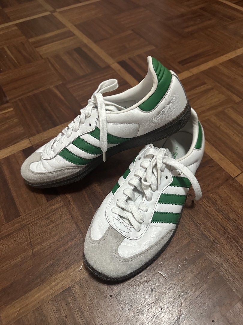 Adidas Samba White Green Size US 7.5 (Category: Sneakers) located in Davao. Submitted by fashiondeclutter11 (Listing ID 1465784283, Image 1). Description: - Brand/Model: Adidas Samba - Colorway: White and Green - Size: US 7.5 / UK 7 / FR 40 2/3 - Design: Classic low-top with suede toe overlay and green leather stripes and heel tab - Inclusions: Comes with laces - Origin: Made in Vietnam.