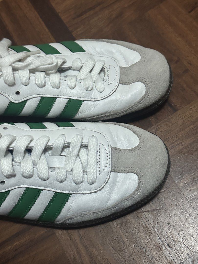 Adidas Samba White Green Size US 7.5 (Category: Sneakers) located in Davao. Submitted by fashiondeclutter11 (Listing ID 1465784283, Image 3). Description: - Brand/Model: Adidas Samba - Colorway: White and Green - Size: US 7.5 / UK 7 / FR 40 2/3 - Design: Classic low-top with suede toe overlay and green leather stripes and heel tab - Inclusions: Comes with laces - Origin: Made in Vietnam.