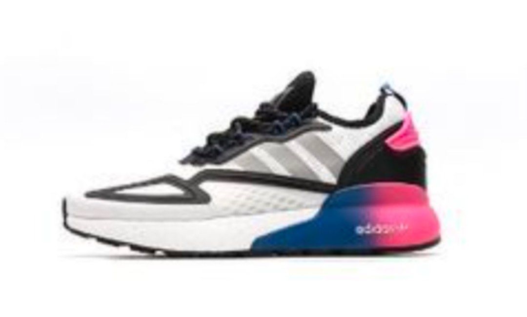 Adidas ZX 2K Boost FX8835 (Category: Sneakers) located in Manila. Submitted by oddpenguin_cc96b9 (Listing ID 1465899730, Image 2). Description: - Brand: Adidas - Model: ZX 2K Boost (FX8835) - Colorway: White mesh upper, black overlays, grey stripes, with a vibrant blue and pink gradient midsole - Features: Black patterned laces with blue lace loops, highly responsive cushioning for daily wear - Condition: Pre-loved, worn a few times with slight d