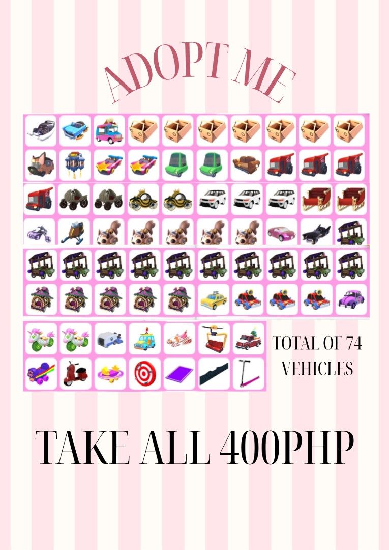 ADOPT ME CARS/STROLLERS (Category: In-Game Products) located in Iligan City. Submitted by sammylovesmiley (Listing ID 1462989323, Image 1). Description: Still available Oct 2026 ☞dm me for fast transaction ☞only accepting GCASH and MAYA for payment ☆fixed price ☆ No refund after the trade.