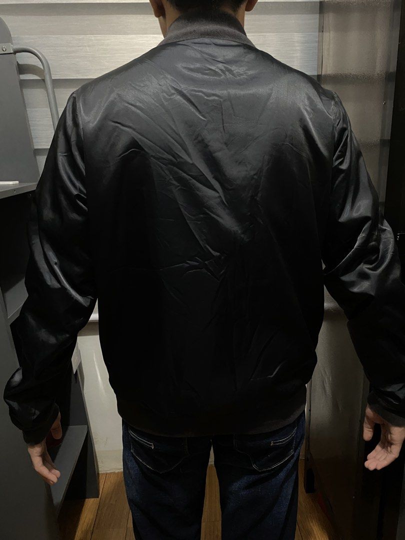 Air Jordan Black Bomber Jacket (Category: Coats, Jackets and Outerwear) located in Butuan. Submitted by nielben13 (Listing ID 1465901492, Image 3). Description: - Brand: Jordan - Item: Black bomber jacket with red embroidered cursive 'Air Jordan' lettering - Details: Full zip front, ribbed collar and cuffs, two front pockets - Size: Tagged P (fits like Small to Medium based on 18" x 25" measurements) - No issue Solid sa personal .