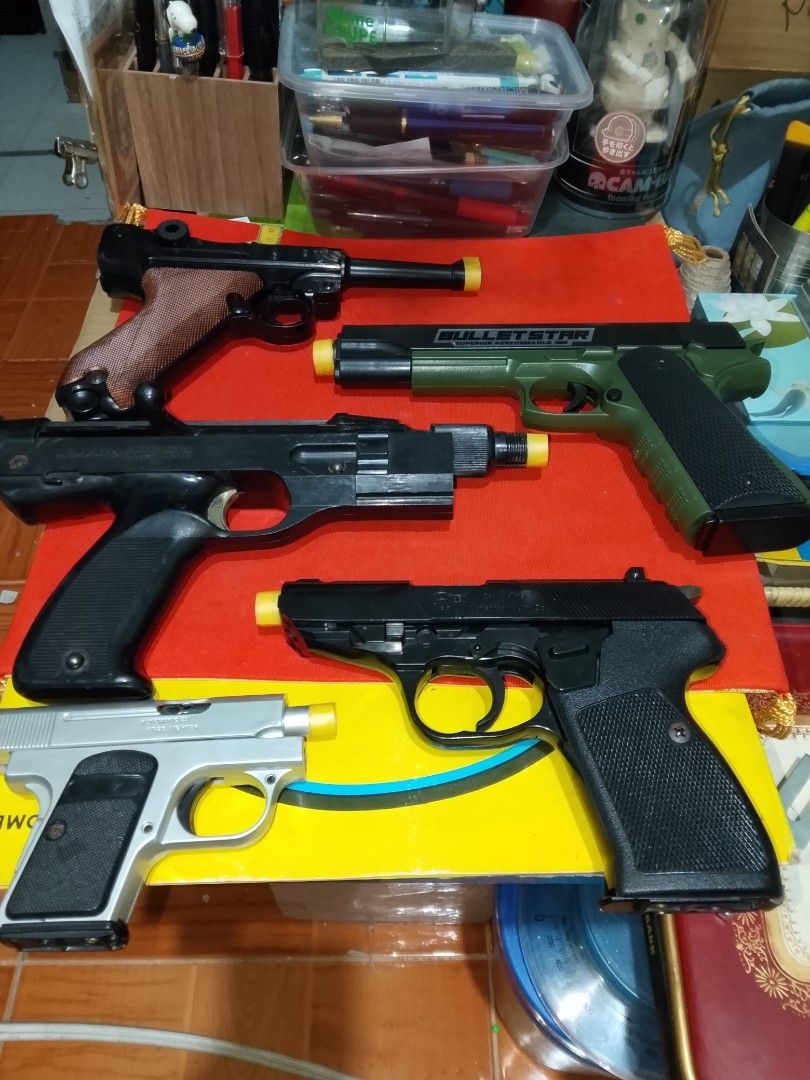 Airsoft All Japan (Category: Combat Sports) located in Santo Tomas. Submitted by retrotastic (Listing ID 1465925794, Image 1). Description: REPRICED!!!! 2K😱Take all, Walther is gas operated bb(wala po ako gas to test) others i don't think pellets ang bala kasi iba itsura mag nila pero good naman at nakakasa, ung isang maliit is lighter naka mark. all are as is. magaganda pa 👌👌 linagyan ko lang yellow tape sa dulo para malamang toys only po. ba
