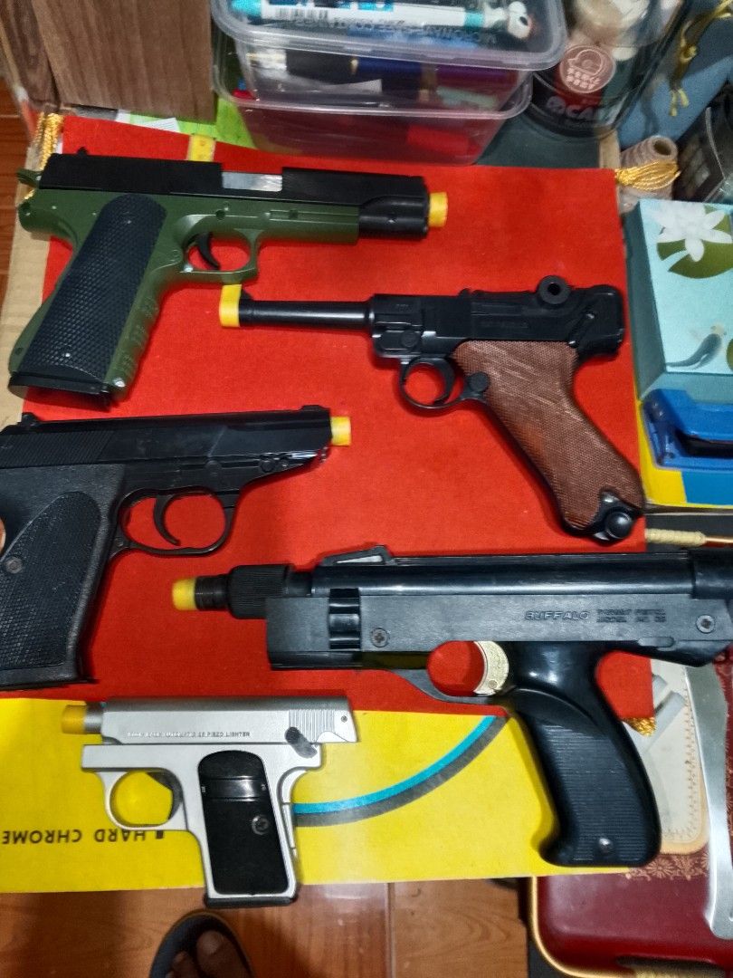 Airsoft All Japan (Category: Combat Sports) located in Santo Tomas. Submitted by retrotastic (Listing ID 1465925794, Image 2). Description: REPRICED!!!! 2K😱Take all, Walther is gas operated bb(wala po ako gas to test) others i don't think pellets ang bala kasi iba itsura mag nila pero good naman at nakakasa, ung isang maliit is lighter naka mark. all are as is. magaganda pa 👌👌 linagyan ko lang yellow tape sa dulo para malamang toys only po. ba