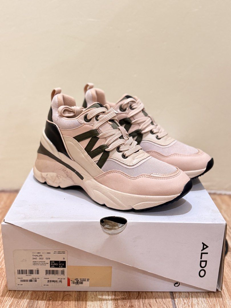 Aldo Thaliri Pink Sneakers (Category: Sneakers) located in Quezon City. Submitted by cndcvrtc (Listing ID 1465938639, Image 1). Description: - Brand: Aldo Thaliri - Color: Pink with green and beige accent straps - Style: Chunky platform sole, lace-up - Size: US 7 / EUR 37.5 / UK 4.5 - Condition: Clean, minimal wear on outsoles - Inclusions: Original box included.