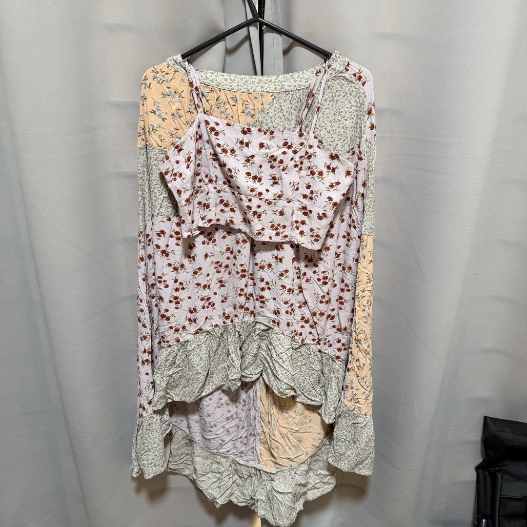 American Eagle Floral Patchwork Skirt (Category: Sets or Coordinates) located in Makati City. Submitted by heyitsg_ (Listing ID 1465807047, Image 2). Description: - Brand: American Eagle - Style: Matching cami and asymmetric skirt set - Print: Mixed floral patchwork in pastel tones (peach, sage green, dusty mauve) - Size: S - Top: Thin straps, cropped, and smocked fit - Skirt: High-low ruffled hemline with a pull-on waist - Origin: Made in India 