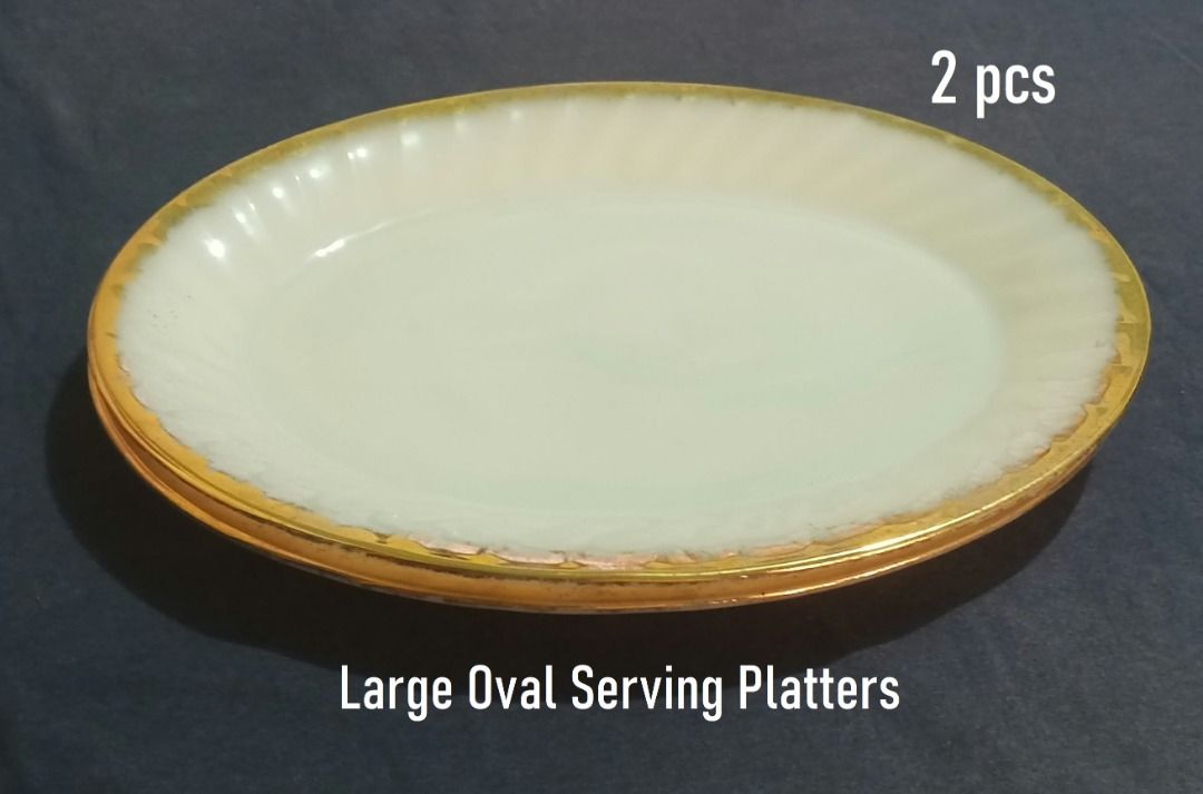 Anchor Hocking Fire King 61pcs (Category: Coffee & Tea Tableware) located in Caloocan City. Submitted by simigz (Listing ID 1465768505, Image 3). Description: 22K Gold Trim Vintage Anchor Hocking Fire-King Dinner & Tea Set (1950s Nabile - 61 Pcs) Condition: Vintage 1950s condition. Well-preserved overall with original 22K gold rims and factory foil stickers still attached to select pieces. Total Pieces: 61 Pcs Complete Set 12 Dinner Plates (9.25"