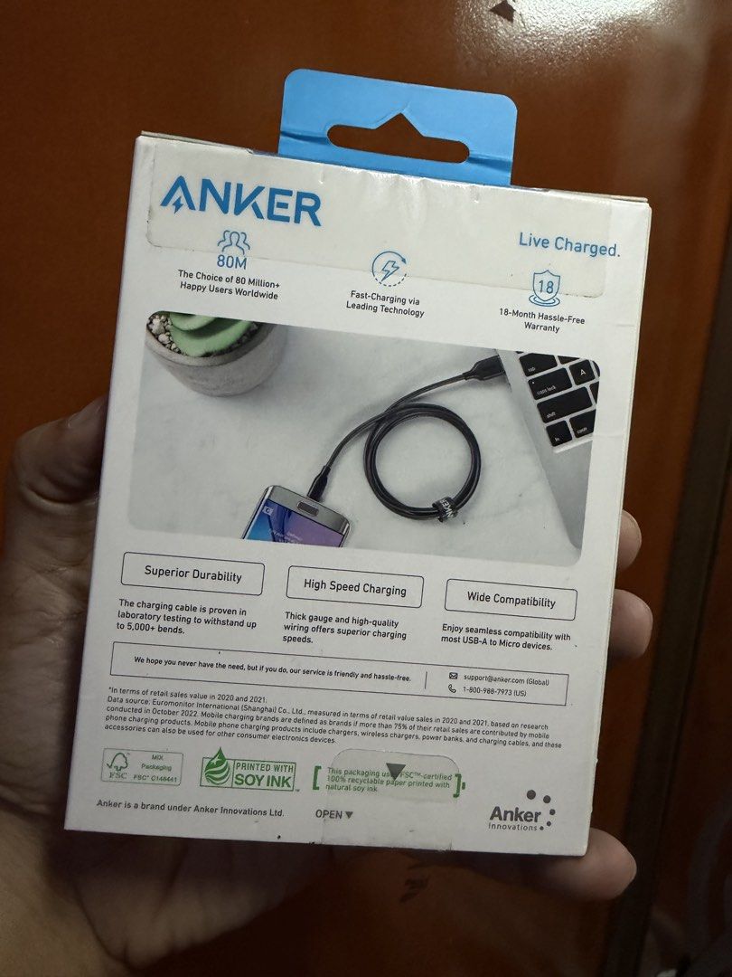 ANKER 3ft Cable (USB to Type Micro B6 - Sealed) (Category: Chargers & Cables) located in Pasig City. Submitted by aprilluxcloset0812 (Listing ID 1465863026, Image 2). Description: - Brand: Anker - Model: Powerline Micro USB Cable (A8132H12) - Length: 3 ft (approx. 0.9m) - Color: Black - Condition: Brand New in Box - High-speed charging and data transfer - Superior durability: tested to withstand 5,000+ bends - Wide compatibility with Android smar