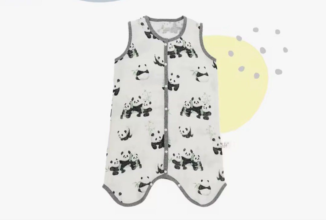 Ann & Dan Panda Print Sleep Sack Romper (Category: Babies & Kids Fashion) located in Taguig. Submitted by muntingkahon (Listing ID 1465766773, Image 1). Description: - Brand/Model: Ann & Dan sleep sack - Design: Cute panda and bamboo print on soft muslin fabric with dark grey trim - Feature 1: Split leg design for mobility and comfort - Feature 2: Snap buttons down the front and between the legs for hassle-free diaper changes - Condition: Gently 