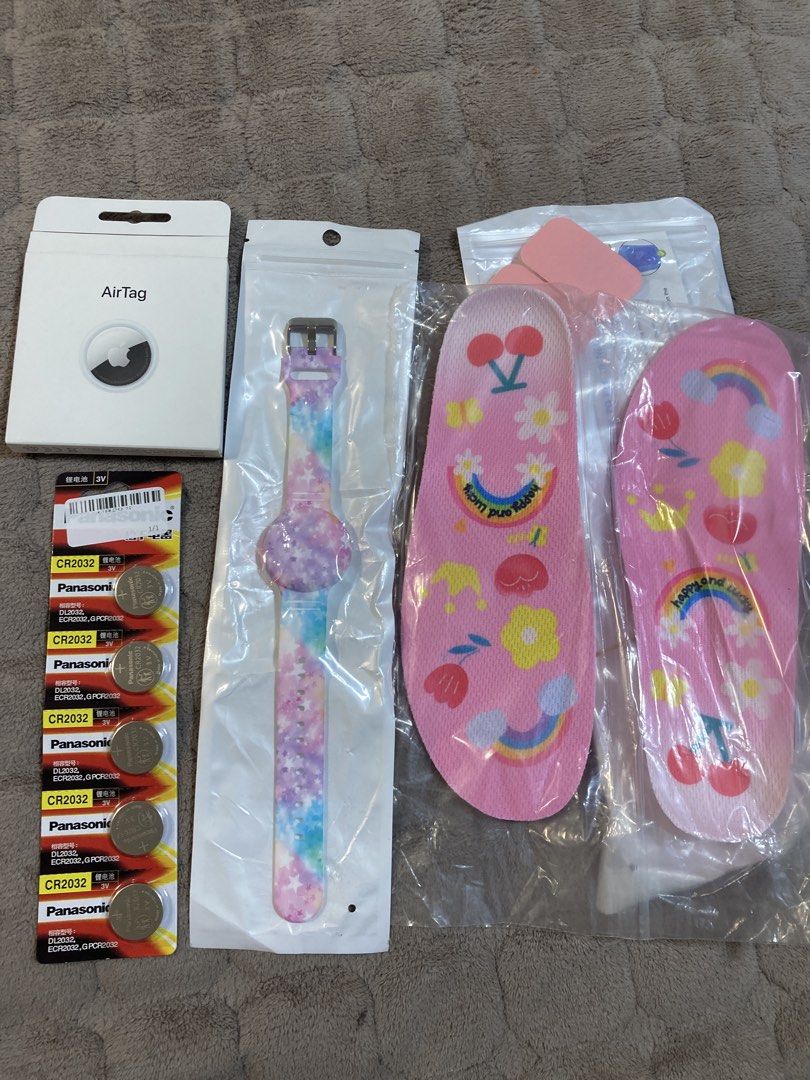 Apple AirTag 1 Pack with Accessories (Category: Wearables & Smart Watches) located in Quezon City. Submitted by queerlady (Listing ID 1465818905, Image 1). Description: - Apple AirTag single pack in original box (unused) - Includes a cute multicolor pastel strap holder - Bonus pack of Panasonic CR2032 lithium batteries included - Comes with stylish pink patterned shoe insoles - Great all-in-one bundle for tracking keys, bags, and more - Ships fas
