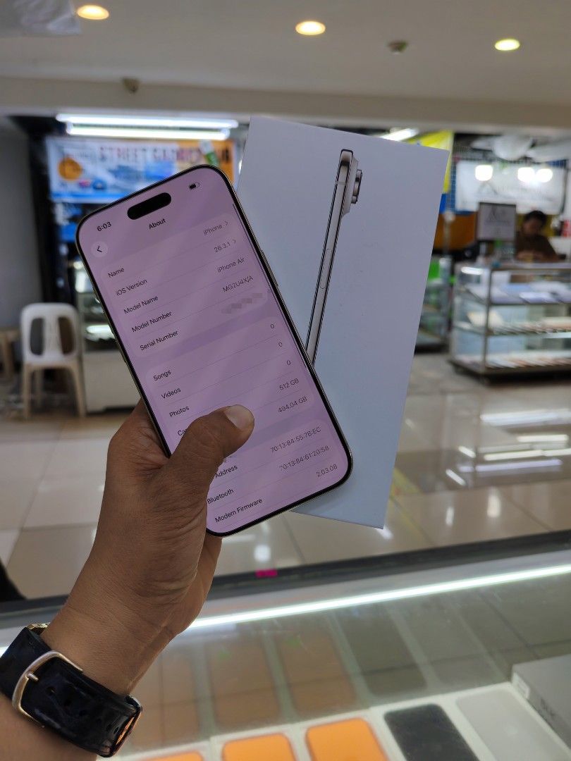 Apple iPhone Air White 512GB (Category: iPhone Air Series) located in Quezon City. Submitted by ronalynac40976 (Listing ID 1465786084, Image 2). Description: Iphone Air 512 ntc With replace box/cord Smooth /no dent Pick up store in greenhills We accept swap/trade in We accept creditcard Dm or call for fast transaction 09425544556 /09279500969 Located @ Aquarium area stall no. Y-40 look for rona.