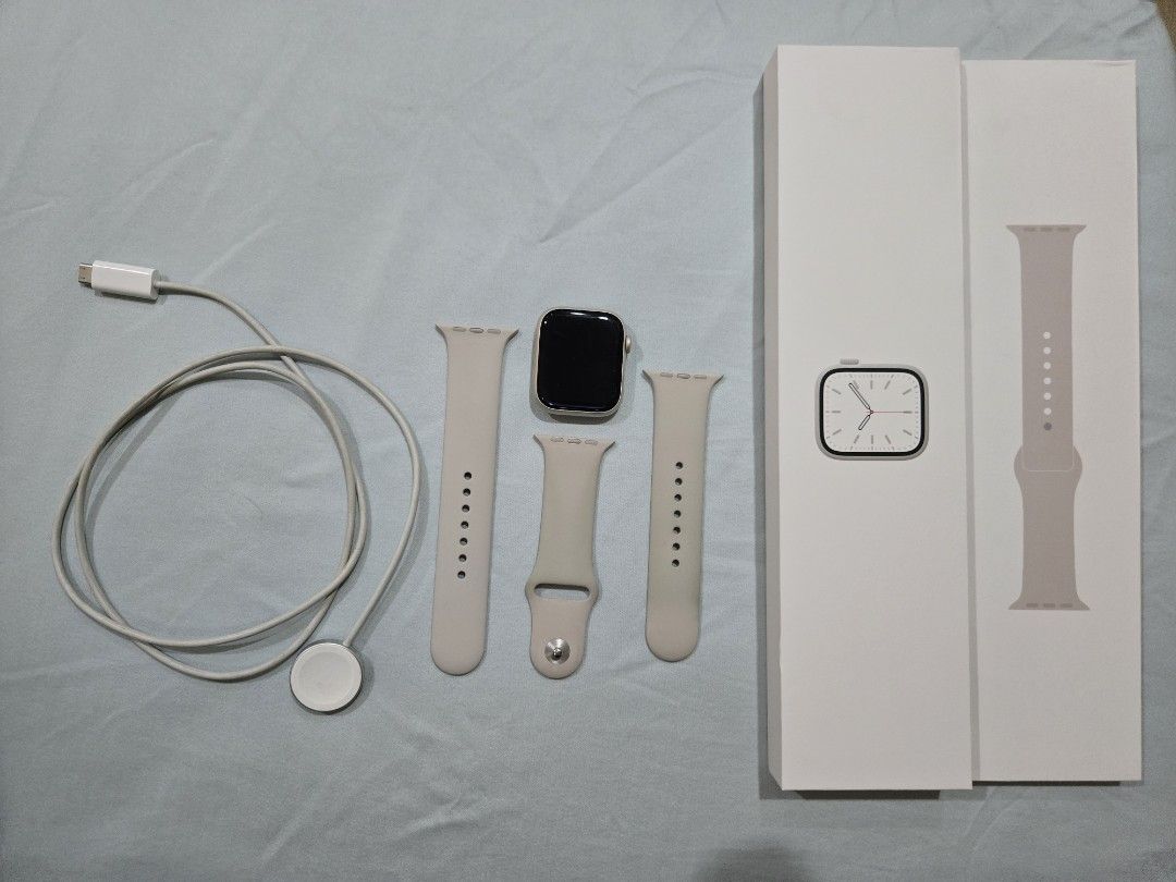 Apple Watch 7 45mm GPS + Cellular Starlight (Category: Wearables & Smart Watches) located in Manila. Submitted by anythingbyjen (Listing ID 1465786377, Image 2). Description: apple watch 7 gps + cellular 45mm starlight aluminum case with starlight sport band send me a message if you need the video.