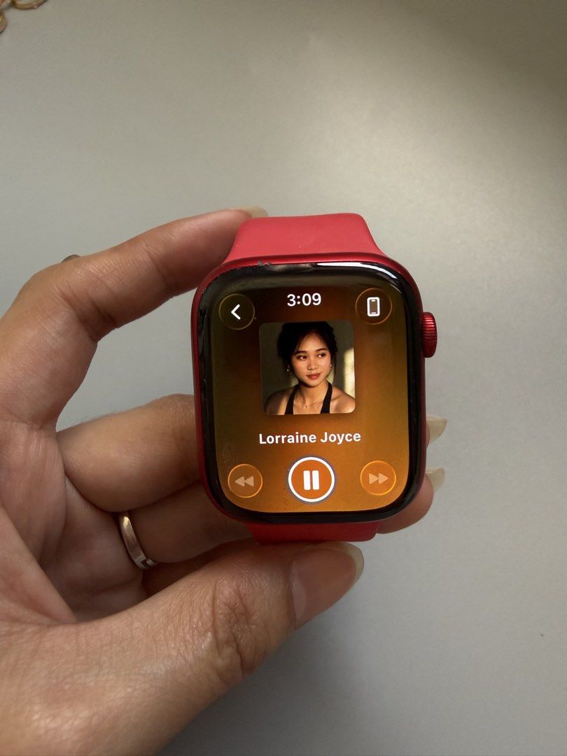 Apple watch series 8 45mm (Category: Wearables & Smart Watches) located in Paranaque City. Submitted by ulscxz18 (Listing ID 1465933650, Image 2). Description: - Brand/Model: Apple Watch Series 8 - Size: 45mm - Color: Red aluminum case with matching red silicone band - Condition: 8/10 (Pre-loved with visible cosmetic wear/scratches on the housing and screen edge as shown in photos) - Functionality: Fully working display, digital crown, side butto