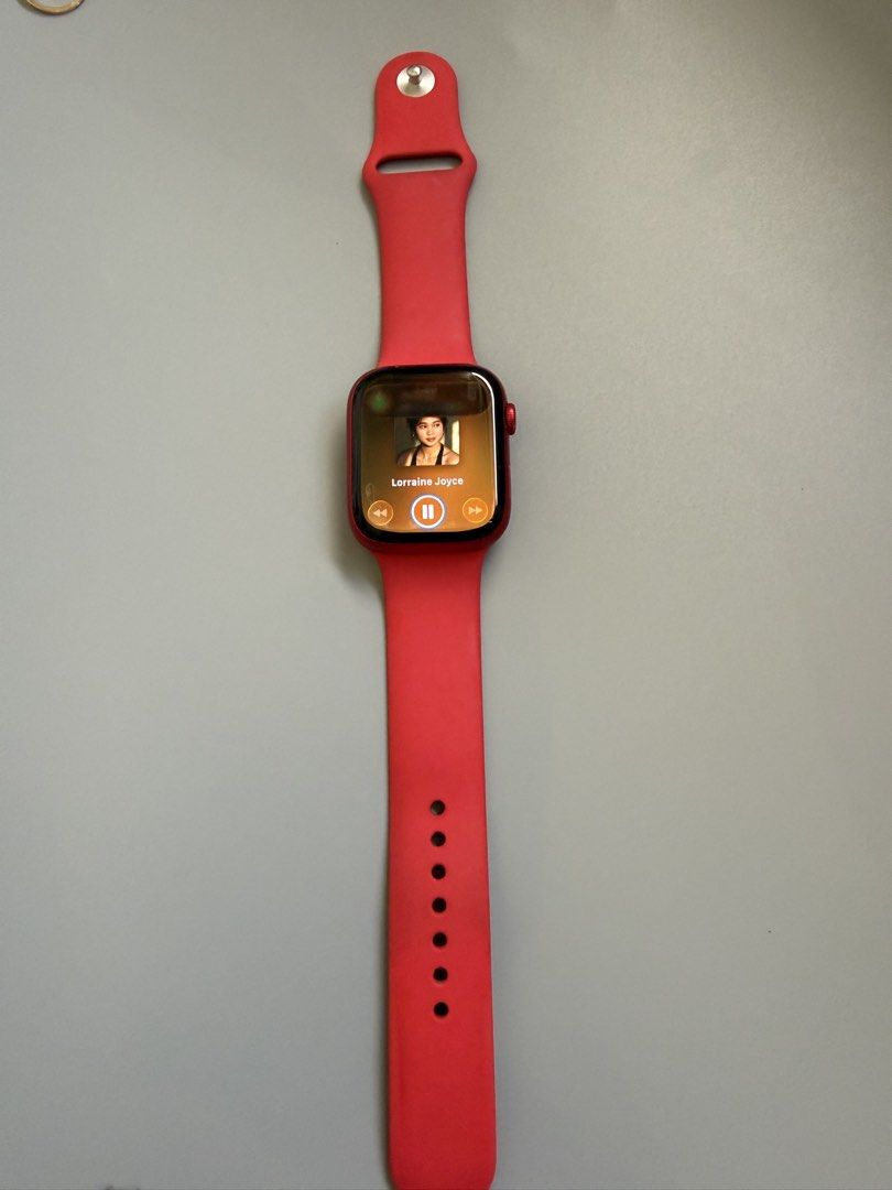 Apple watch series 8 45mm (Category: Wearables & Smart Watches) located in Paranaque City. Submitted by ulscxz18 (Listing ID 1465933650, Image 1). Description: - Brand/Model: Apple Watch Series 8 - Size: 45mm - Color: Red aluminum case with matching red silicone band - Condition: 8/10 (Pre-loved with visible cosmetic wear/scratches on the housing and screen edge as shown in photos) - Functionality: Fully working display, digital crown, side butto