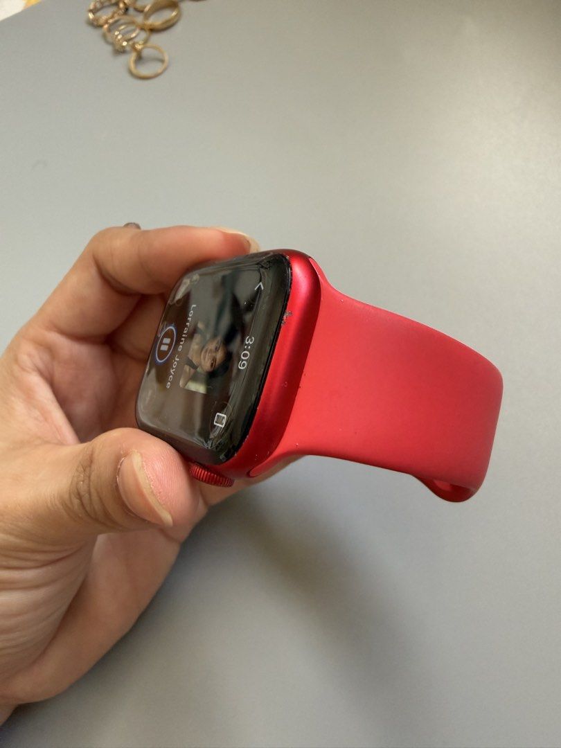 Apple watch series 8 45mm (Category: Wearables & Smart Watches) located in Paranaque City. Submitted by ulscxz18 (Listing ID 1465933650, Image 3). Description: - Brand/Model: Apple Watch Series 8 - Size: 45mm - Color: Red aluminum case with matching red silicone band - Condition: 8/10 (Pre-loved with visible cosmetic wear/scratches on the housing and screen edge as shown in photos) - Functionality: Fully working display, digital crown, side butto