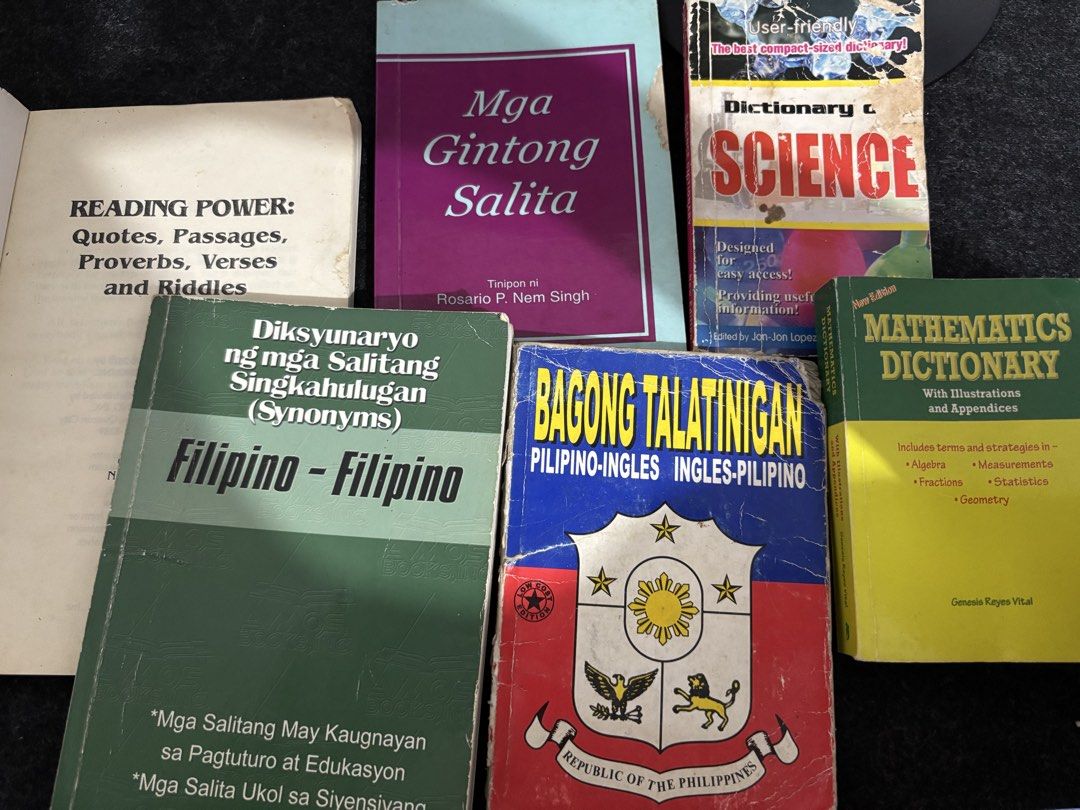 Assorted Books (Category: Textbooks) located in Muntinlupa City. Submitted by laplace_transform (Listing ID 1465859494, Image 1). Description: TAKE ALL for 200 pesos 50 pesos each 1. Reading Power 2. Mga Gintong Salita 3. Filipino-Filipino 4. Bagong Talatinigan 5. Mathematics Dictionary 6. Science Dictionary.