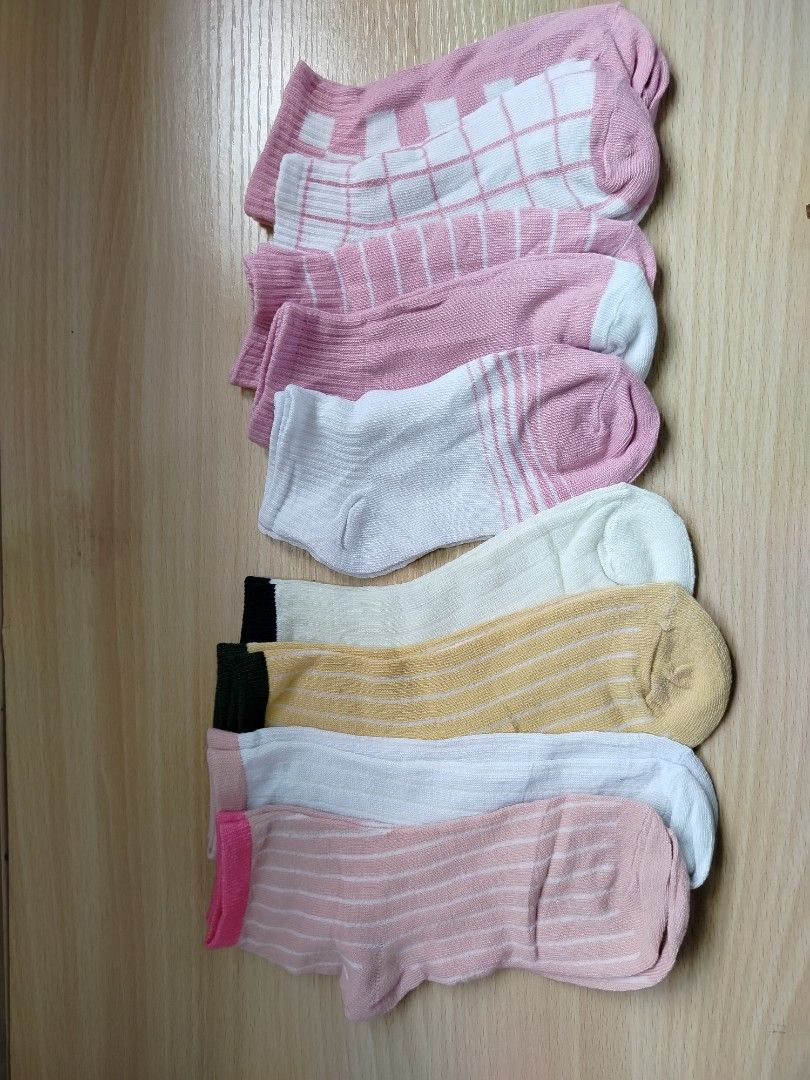 Assorted Colorful Ankle Socks Bundle (Category: Socks & Tights) located in Rizal. Submitted by etcthings (Listing ID 1465881773, Image 1). Description: - Bundle of assorted ankle socks in fun colors and patterns - Includes pink plaid, striped designs, solid white, cream, and yellow with contrast cuffs - Made from soft and breathable cotton-blend fabric - Features comfortable stretch for all-day wear - Great mix-and-match set to complete any every