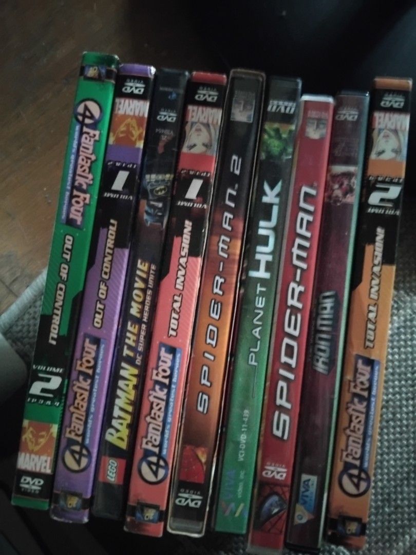 Assorted Superhero DVDs (Category: CDs & DVDs) located in Manila. Submitted by kidchudiii (Listing ID 1465768674, Image 1). Description: - Bundle of 9 superhero discs - Includes Fantastic Four, Iron Man, Spider-Man, Planet Hulk, and Lego Batman - Great mix of Marvel animated series and movies - Perfect for movie marathon nights - Selling as a complete set only.
