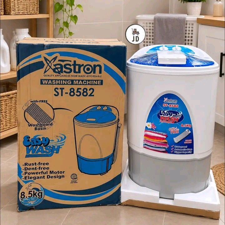 Astron 8.5kg Singletub Washing (Category: Washing Machines and Dryers) located in Manila. Submitted by berdenmarl01688 (Listing ID 1465823713, Image 2). Description: - Brand: Astron ST-8585 - Capacity: 8.5kg - Color: Dark grey with top dials - Condition: Like new, protective plastic wrap still intact, rust-free build - Features: Easy wash system and powerful motor - Inclusion: Original box included.