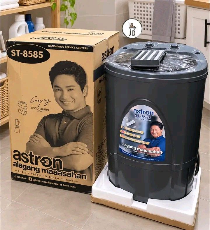 Astron 8.5kg Singletub Washing (Category: Washing Machines and Dryers) located in Manila. Submitted by berdenmarl01688 (Listing ID 1465823713, Image 1). Description: - Brand: Astron ST-8585 - Capacity: 8.5kg - Color: Dark grey with top dials - Condition: Like new, protective plastic wrap still intact, rust-free build - Features: Easy wash system and powerful motor - Inclusion: Original box included.