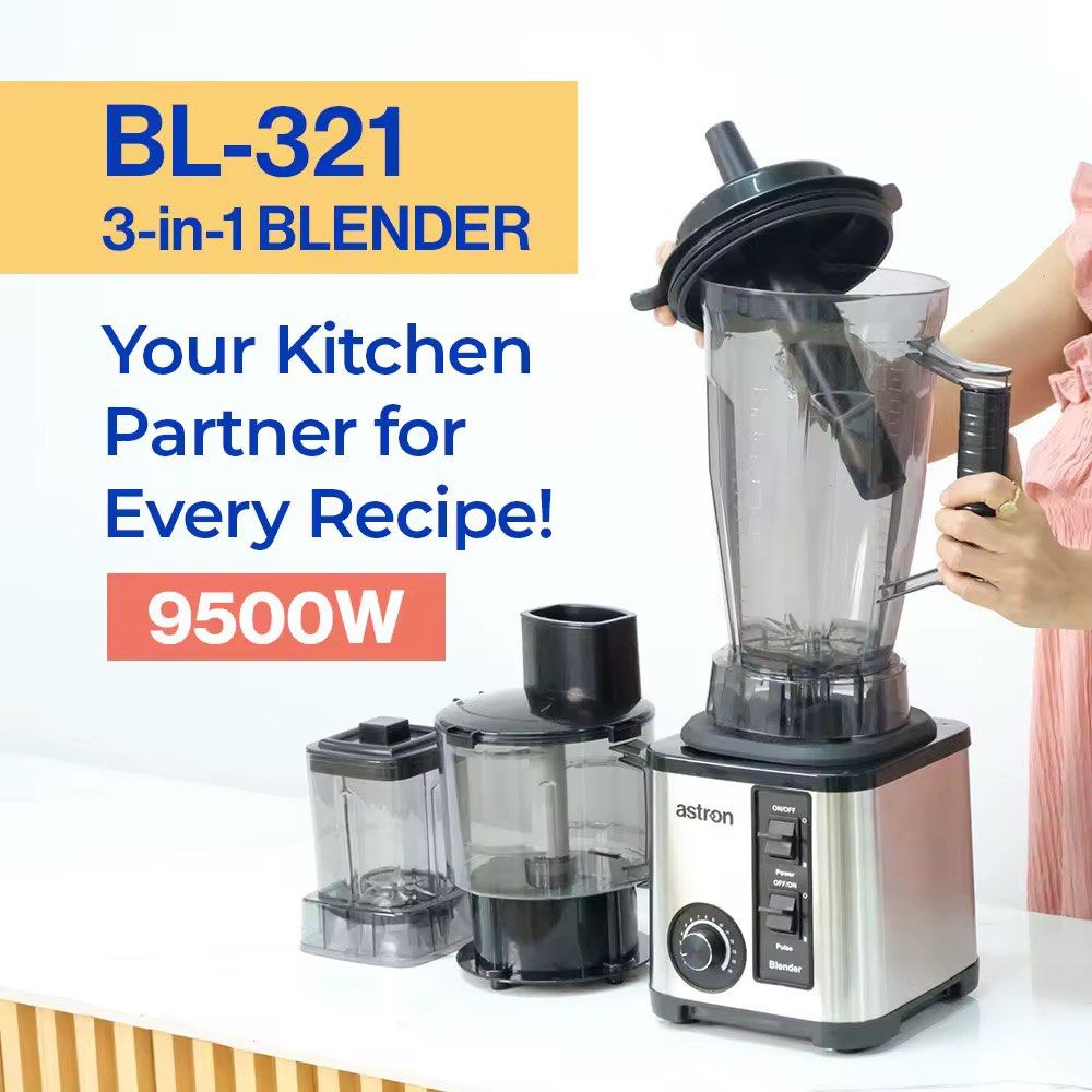 Astron BL-321 3-in-1 Blender (Category: Juicers, Blenders & Grinders) located in Caloocan City. Submitted by alyonak (Listing ID 1465857901, Image 1). Description: - 3-in-1 kitchen essential: includes motor base, large blending jug, food processor, and grinding cup - Multi-speed settings with convenient pulse function for total control - Stylish and durable stainless steel and black plastic body - Perfect for making smoothies, food prep, and grin