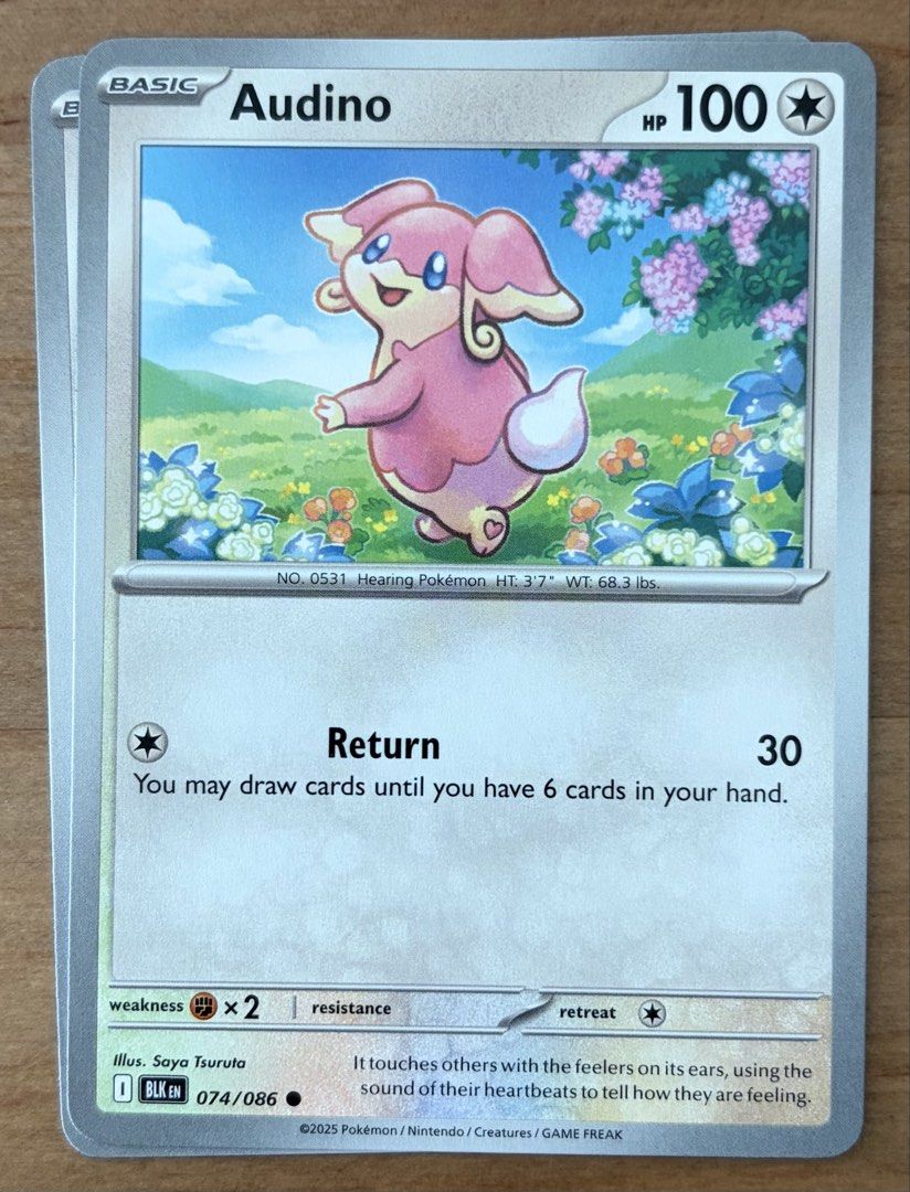 Audino | Pokemon Cards ~ Black Bolt (Category: Raw Singles) located in Makati City. Submitted by cardlab (Listing ID 1465948255, Image 1). Description: Items are 💯 authentic/original/legit. About The Card: •Language: EN • Number: 074/086 • Common • Normal FOR: • Cards ₱99 and below with Card Sleeves • Cards ₱100 and up with Card Sleeves and Used Toploader • ₱10 for Bnew Tops Packaging (If Shipping): ✔️ Plastic cover ✔️ Cardboard ✔️ Bubble wrap N