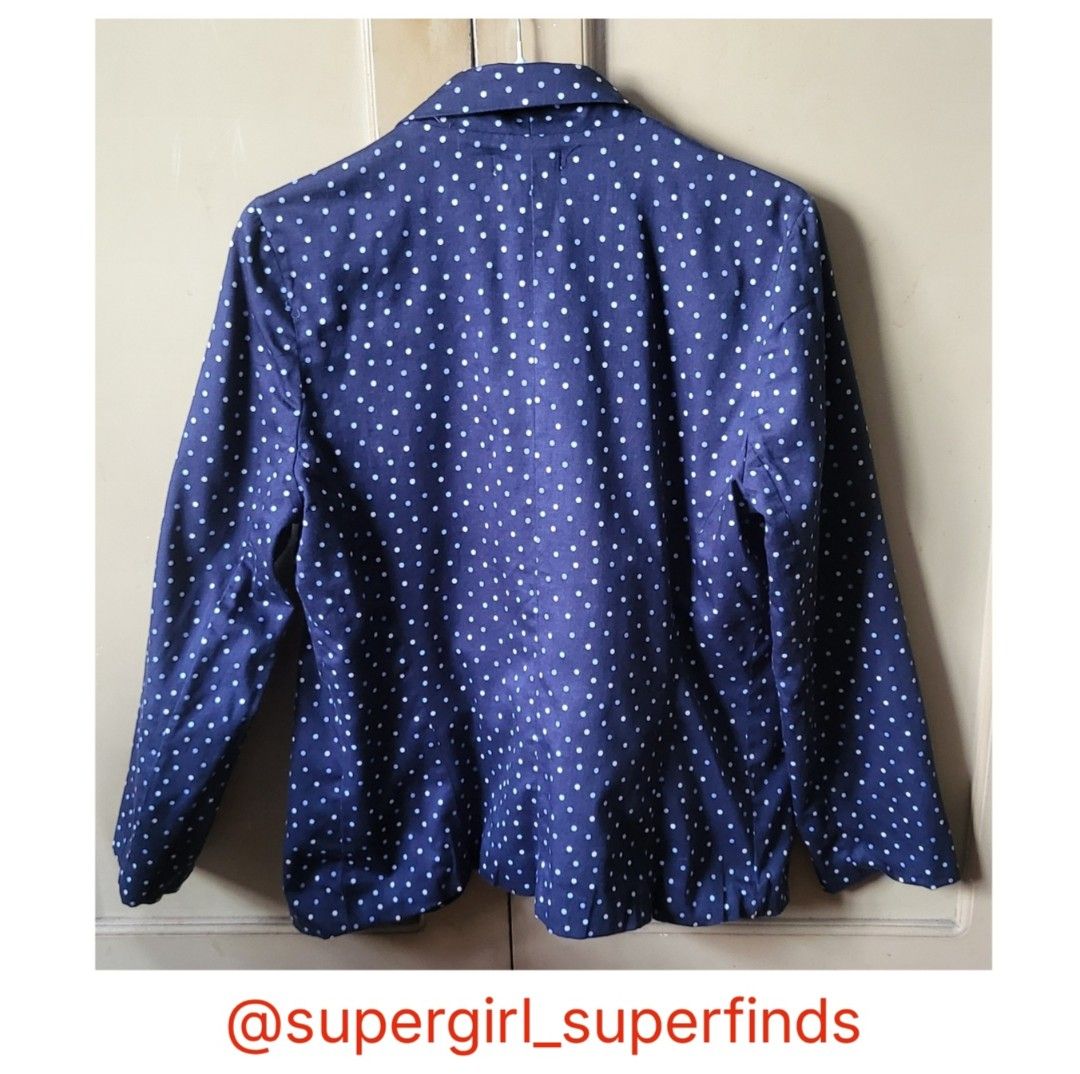 Authentic Apple and Eve Polka Dot Cotton Blazer / Coat (fully lined) (Category: Coats, Jackets and Outerwear) located in Las Pinas. Submitted by supergirl_superfinds (Listing ID 1465831078, Image 2). Description: ‼️PLEASE READ THE DETAILS BEFORE ASKING! Thank you!‼️ ----- Authentic Apple and Eve Polka Dot Blazer / Coat Size: Best fits medium to large sizes (measurement is in the photos) Fabric: 95% cotton, 5% spandex Color: Dark Blue Condition: E