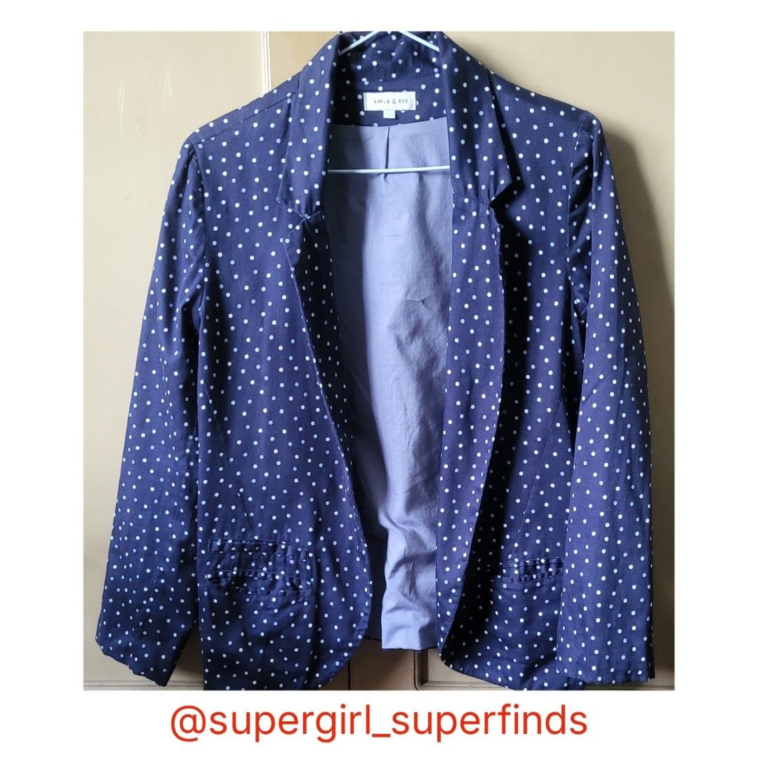 Authentic Apple and Eve Polka Dot Cotton Blazer / Coat (fully lined) (Category: Coats, Jackets and Outerwear) located in Las Pinas. Submitted by supergirl_superfinds (Listing ID 1465831078, Image 1). Description: ‼️PLEASE READ THE DETAILS BEFORE ASKING! Thank you!‼️ ----- Authentic Apple and Eve Polka Dot Blazer / Coat Size: Best fits medium to large sizes (measurement is in the photos) Fabric: 95% cotton, 5% spandex Color: Dark Blue Condition: E