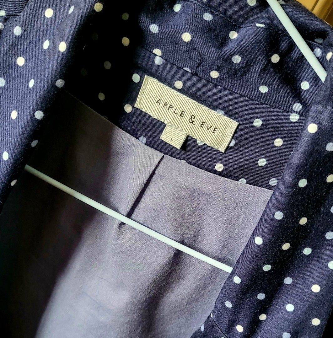 Authentic Apple and Eve Polka Dot Cotton Blazer / Coat (fully lined) (Category: Coats, Jackets and Outerwear) located in Las Pinas. Submitted by supergirl_superfinds (Listing ID 1465831078, Image 3). Description: ‼️PLEASE READ THE DETAILS BEFORE ASKING! Thank you!‼️ ----- Authentic Apple and Eve Polka Dot Blazer / Coat Size: Best fits medium to large sizes (measurement is in the photos) Fabric: 95% cotton, 5% spandex Color: Dark Blue Condition: E