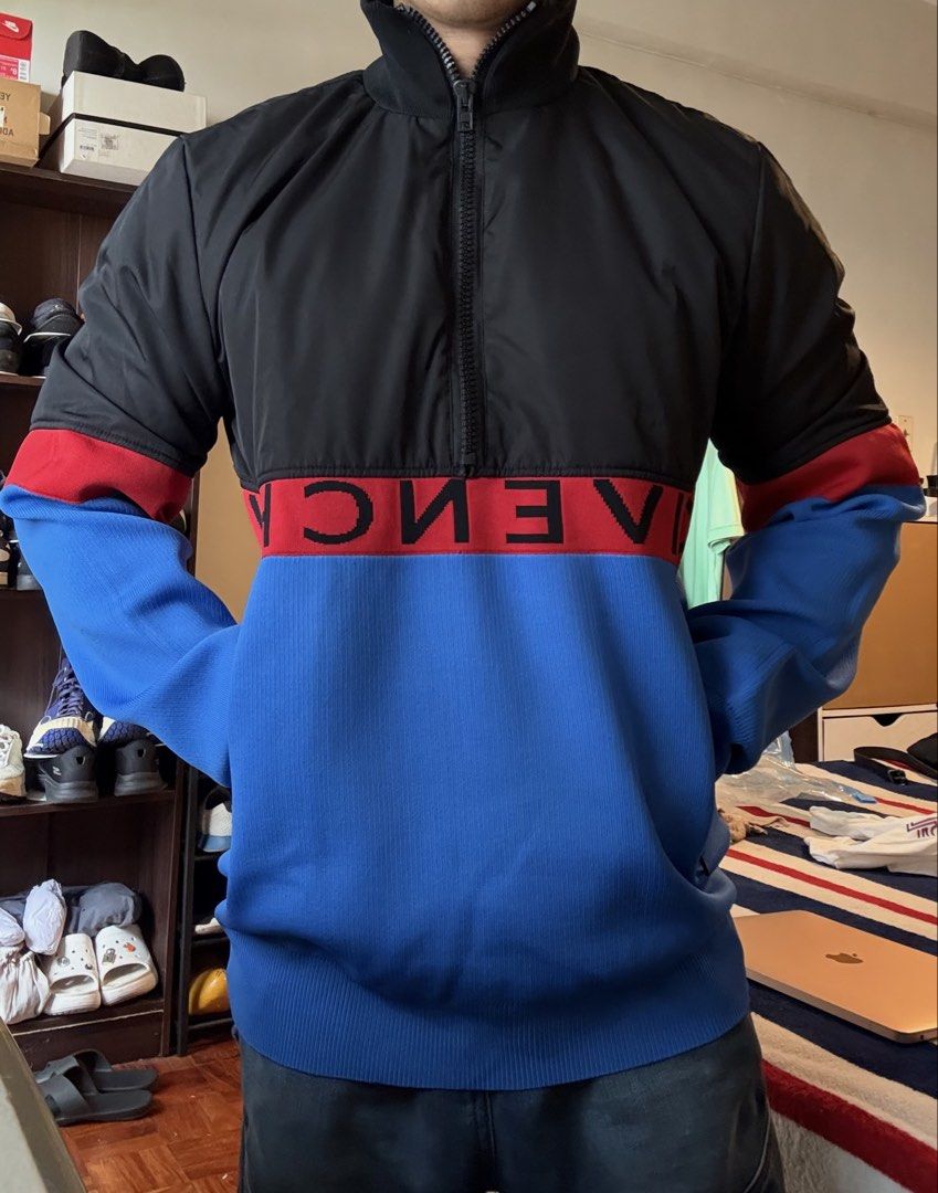 Authentic Givenchy Color Block Retro Half-Zip Jacket (Category: Luxury Apparel) located in Mandaluyong City. Submitted by material_boi (Listing ID 1465850631, Image 3). Description: Made in Portugal. Code is 18S 6014 300 which indicate this was a 2018 collection by Clare Waight Keller. Pa-turtle neck. Top fabric is parang nylon with lining. Bottom fabric is parang knitted na stretchy. Riri zippers. Tag says size L approx 20 inches wide and 27 inc